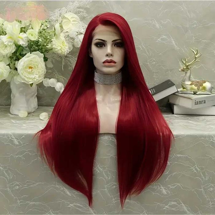 Дълга права тъмно червена бордо перука с дантела лейс фронт LACE FRONT