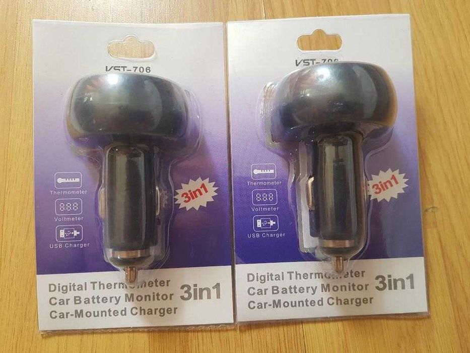 3 in 1 LED Voltmeter digital +Termometru+incarcare USB. 12/24V, Nou!