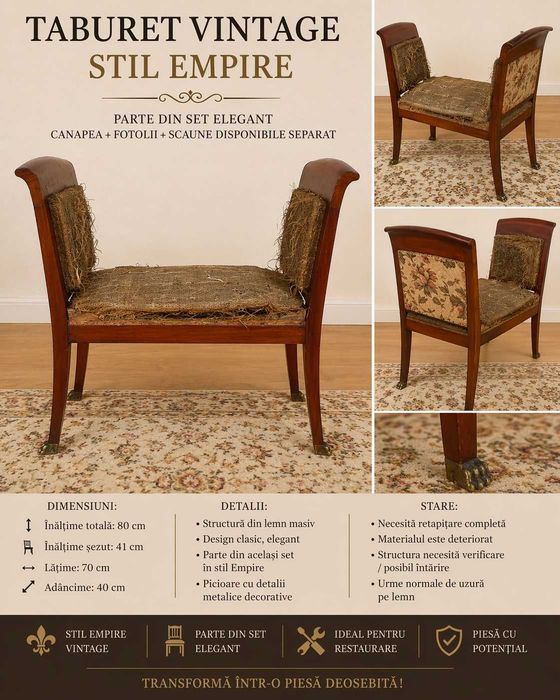 Taburet / băncuță vintage lemn masiv – stil Empire