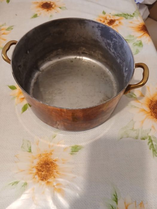 Oală / Cratiță mare din cupru masiv cu capac și mânere din alamă – Vintage