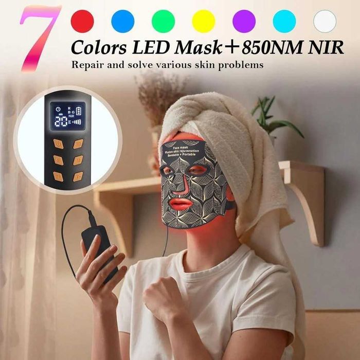 LED маска за лице с червена и инфрачервена терапия, 7 цвята,850NM Near-infrared, 240 лъча, 60 светлодиода, Фотонна терапия, Против акне, Против бръчки