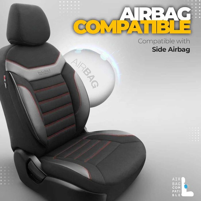 Комплект Тапицерия OTOM,Черно с Червен шев,Предни и Задни Седалки