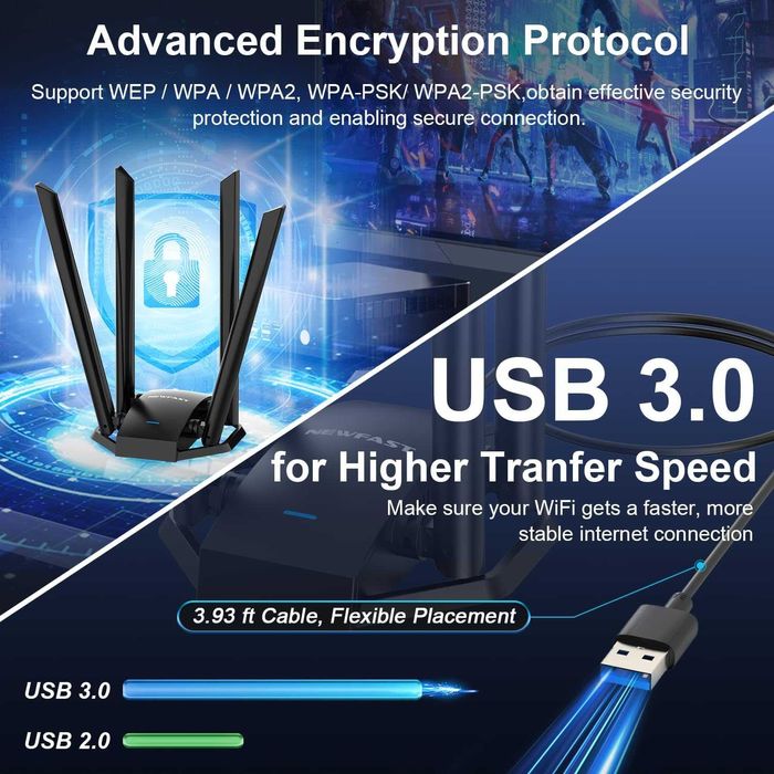 Adaptor WiFi USB NEWFAST AC1300 Mbps PC desktop NF-U329,2.4G/5G dongle