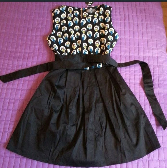 Разкроена черна памучна кокетна рокля принт бухал панделка цип Англия