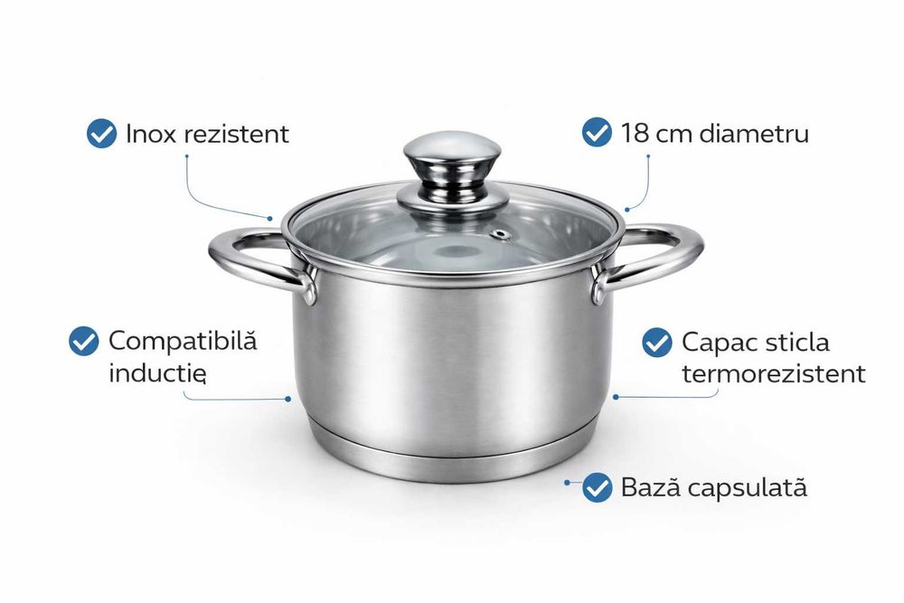 Oala inox Swiss Z Line 18 cm cu capac sticla 2.6 L