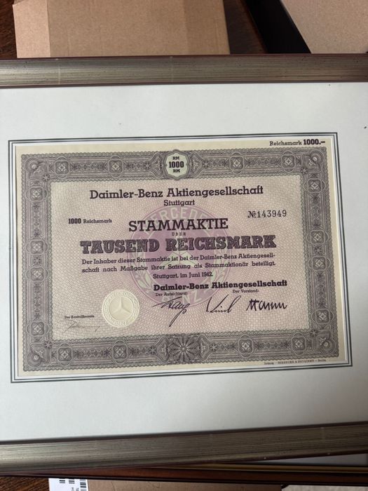 Acțiune originală Daimler-Benz 1942 - 1000 Reichsmark - Scripofilie WWII