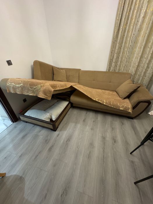 Разтегателен ъглов диван + клик-клак механизъм , светло кафяв ,