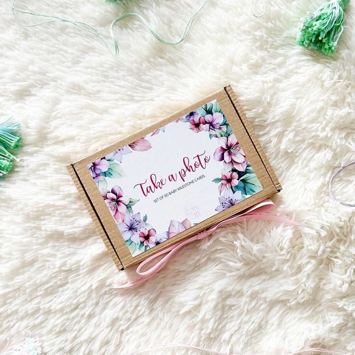 Персонализирани бебешки фото карти "Цветя и мечета" за момиче