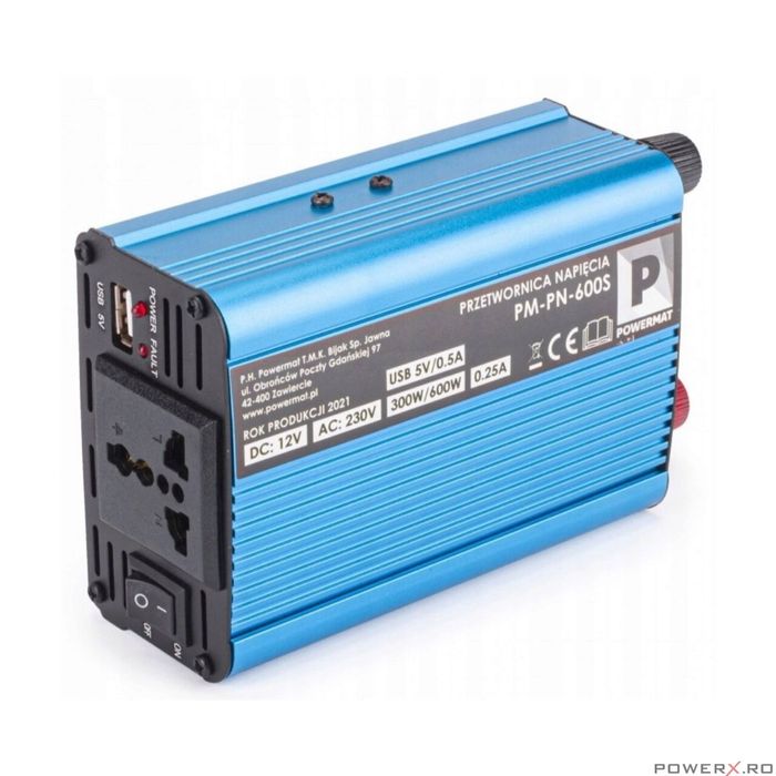 Convertor de tensiune auto, invertor tensiune 12V 230V 600 W, Powermat