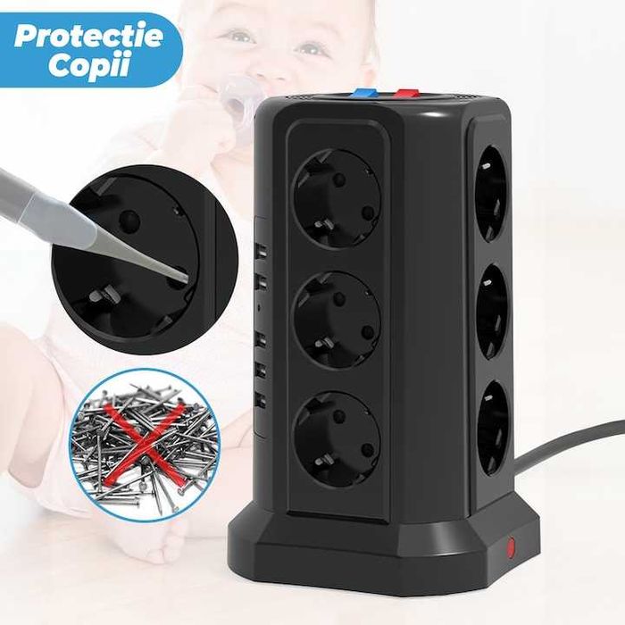 Prelungitor tip turn 12 prize, 5 x USB, buton ON/OFF,2500W, 1.8m