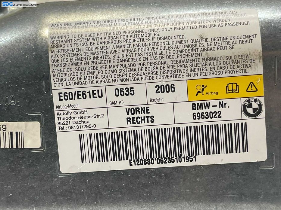 Airbag Lateral de pe Usa Portiera Dreapta Fata BMW Seria 5 E60 E61 2003 - 2010 Cod 6963022 [1733]
