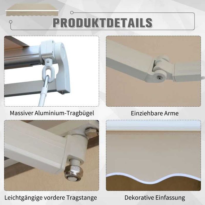 Тента Outsunny, регулируема скоба, тента за вътрешен двор, 3,95 x 3 м