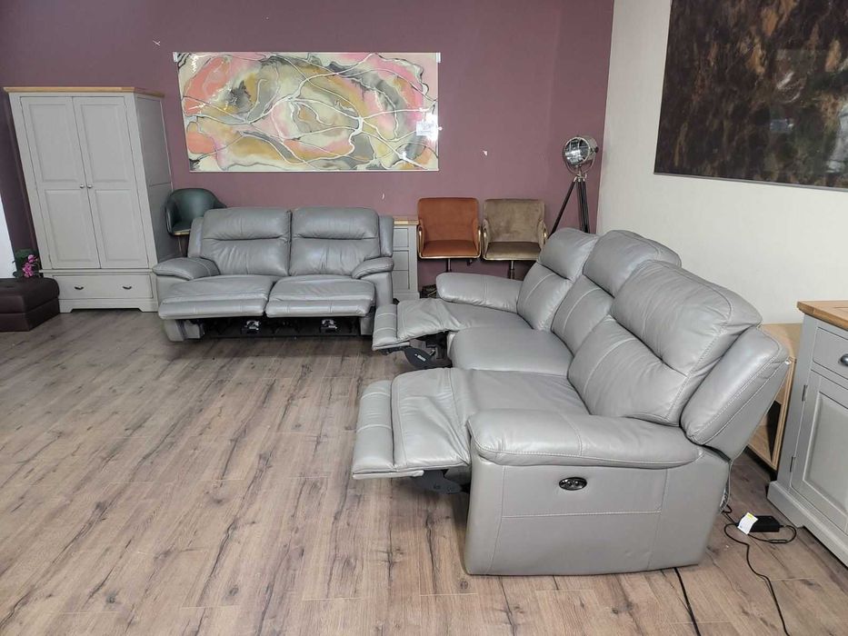 Сив кожен комплект дивани тройка и двойка с ел. релакс механизъм