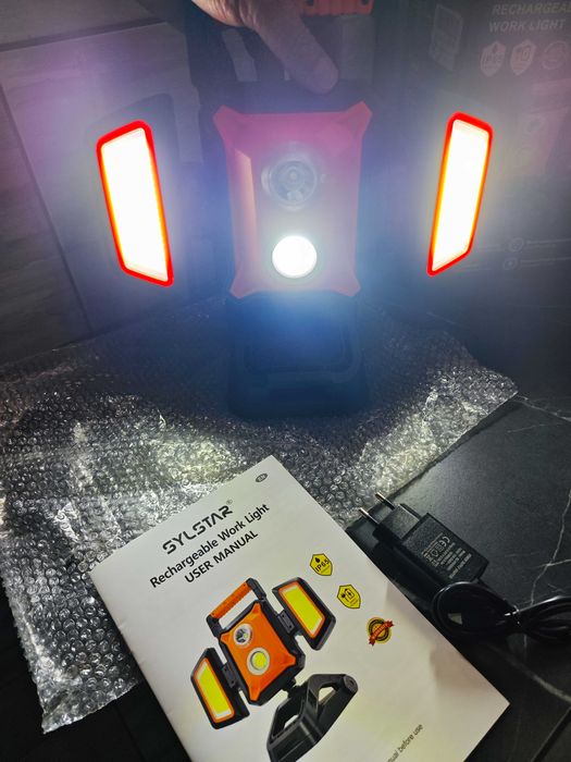 SYLSTAR Proiector LED reîncărcabil 40W 4000LM cu clemă, pliabil și rotativ la 360° cu 5 moduri