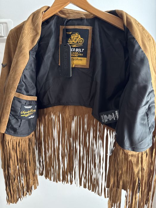 Geacă piele naturală întoarsă SUPERDRY Neonomad Fringe NOUĂ cu etichetă Mărimea S