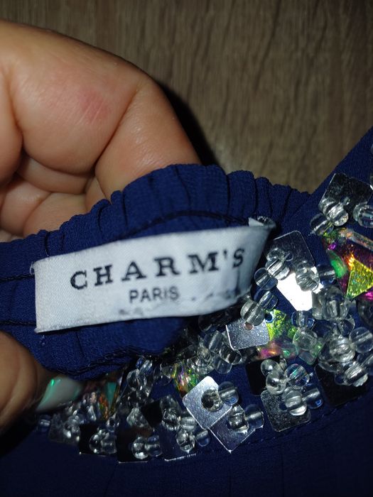 Официална синя рокля с камъни и пайети