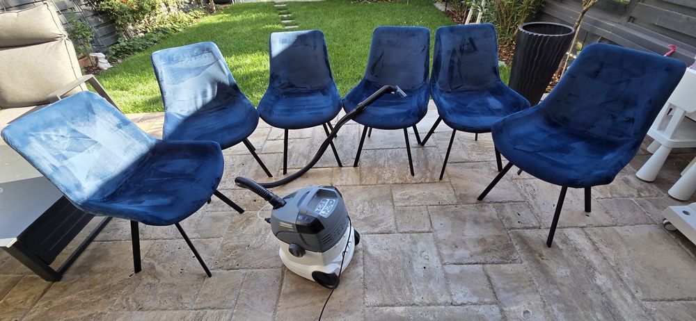 *Set dining – masă sticlă 200x100 cm + 6 scaune catifea bleumarin