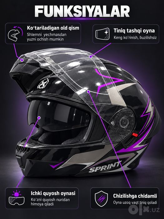 Motoskuter va Bayk uchun Shlem SPRINT | Quyosh koʻzoynakli, DOT sertif