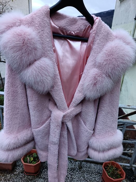 Палто алкантара с естествен косъм от лисица