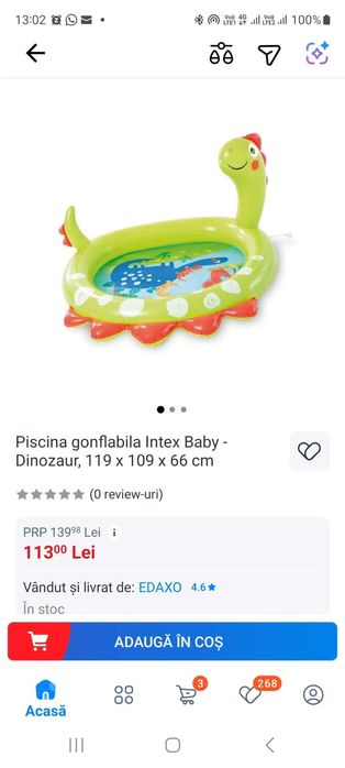 Piscina gonflabila Intex Baby - Dinozaur, 119 x 109 x 66 cm, NOU