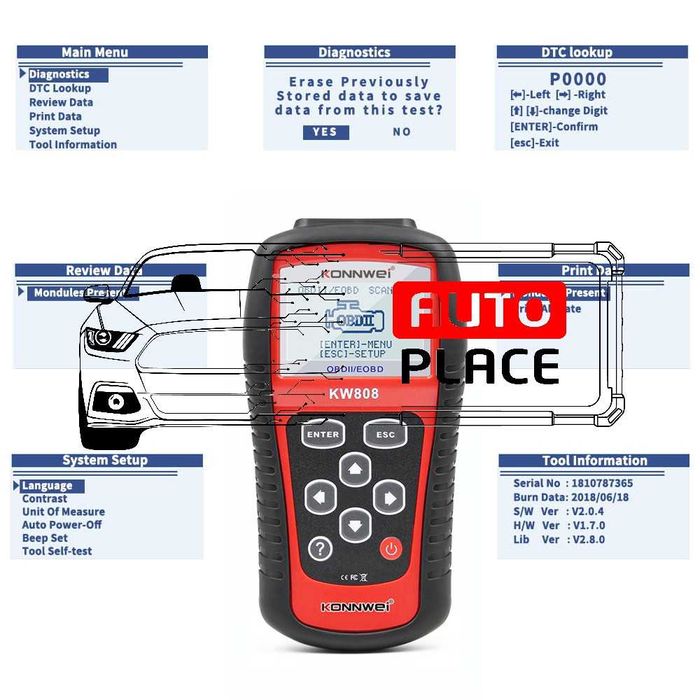 Konnwei KW808 OBD2 Diagnostic Универсална Автодиагностика