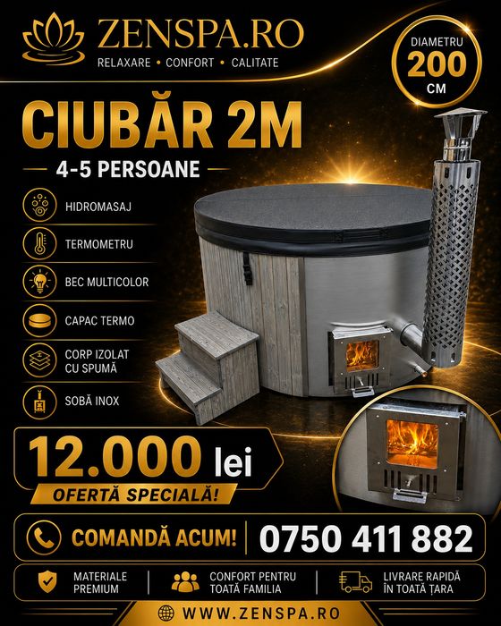 Ciubăr rotund 2m cu sobă integrată, Jacuzzi FULL, hidromasaj, LED