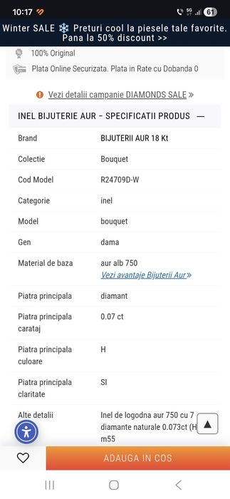 Inel, aur alb, 18k (poza cu factura/garantia), diamante(nu zirconiu)