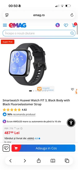 Smartwatch Huawei Watch FIT 3, Black Body with Black Fluoroelastomer Strap