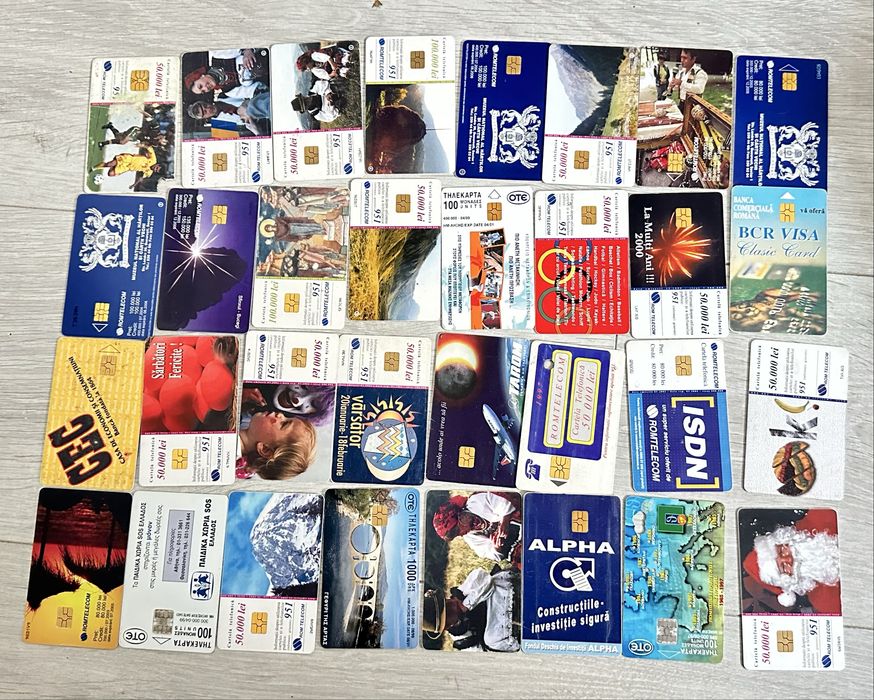 68 cartele telefonice de colecție Romania, Romtelecom, OTE, BCR, Grecia – anii ’90–2000
