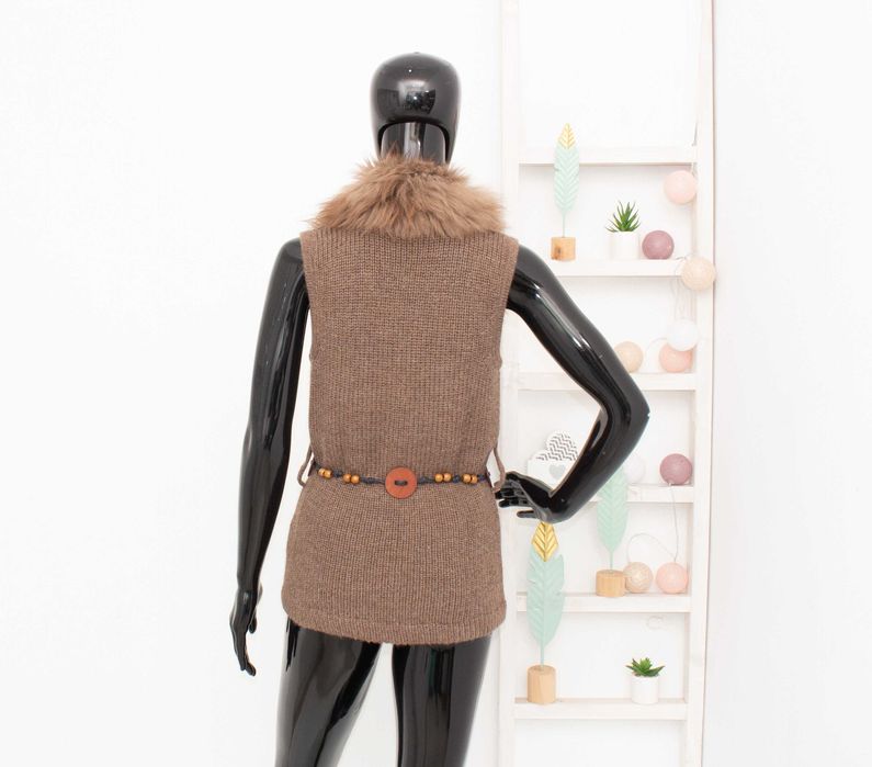 ALPACA SOCIETY дамска елек кафяв от алпака яка от естествен косъм XS/S