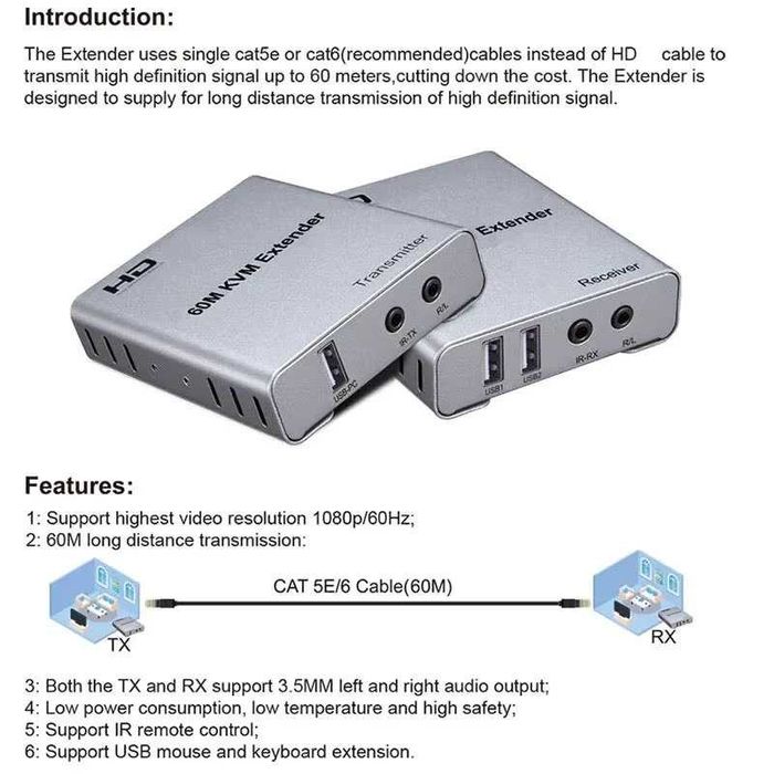 HDMI EXTENDER 60M.KVM-удлинитель через Ethernet Cat5e/6, 60 м