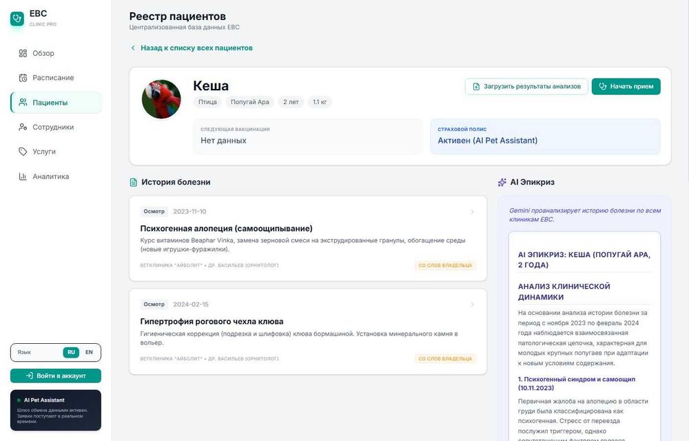 Программа для ветеринарных врачей и клиник ЕВС + ИИ-ассистент