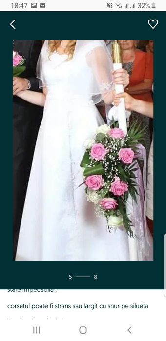 Rochie alba de mireasa, calitate superioara, saten, crinolina, voal