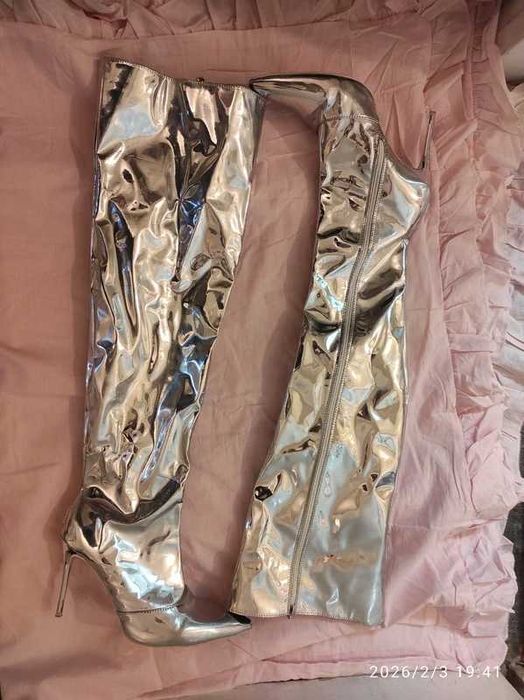Cizme peste genunchi, extra lungi argintii