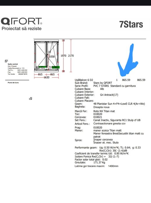 Ușă balcon / fereastră PVC QFORT 7Stars – 1660 x 1970 mm – Gri antraci