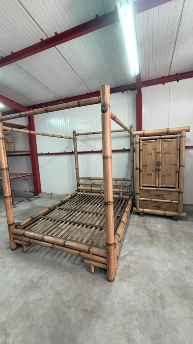 Set mobilier bambus: pat dublu baldachin + dulap, aspect exotic/tropical