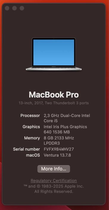 Macbook Pro 13-inch, 2017, Two Thunderbolt 3 ports 125gb