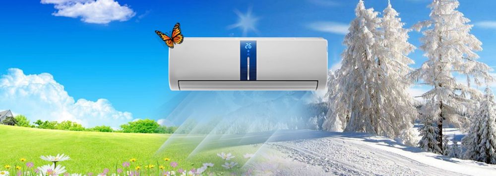 кондиционеры баннер. раннее утро туман. мультифункциональные стекла для окон. мультистекло для стеклопакетов. прохлада летом тепло зимой.