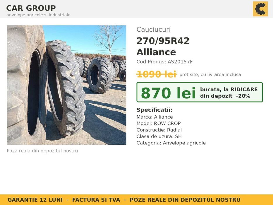 Cauciucuri 270/95R42 11.2R42 11.2-42 27095R42 Alliance ROW CROP ANVELOPE Tractor Prasit Erbicidat SH GARANTIE