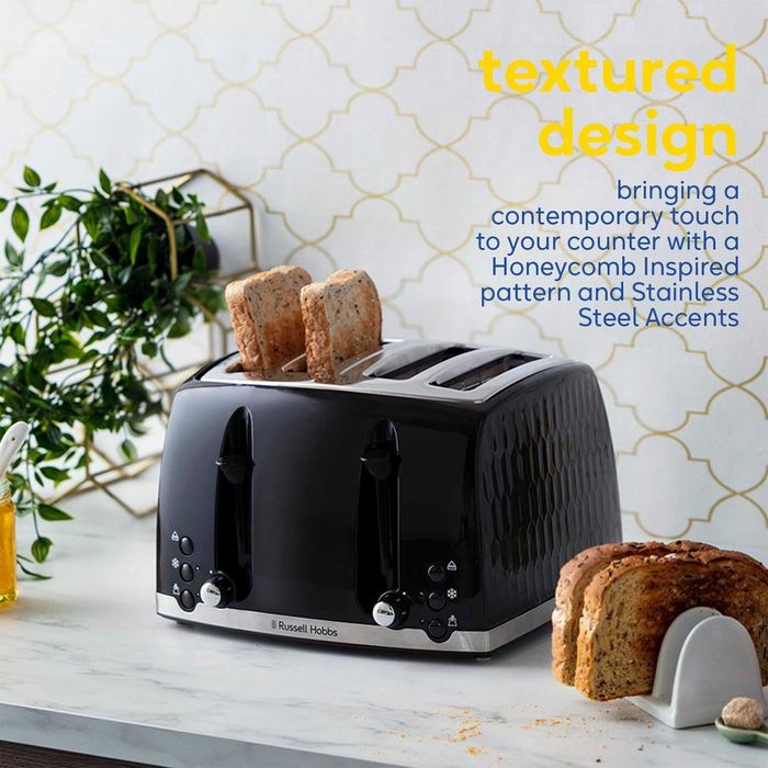 Тостер Russell Hobbs Honeycomb за 4 филии, 6 нива на препичане, функция за замразяване/отказ/претопляне, подвижна тава за трохи, 1500W, UK ЩЕПСЕЛ