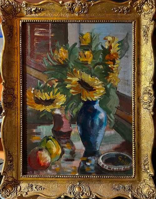 "FLOAREA SOARELUI"-Tablou f,foarte VECHI, ulei/lemn, semnat, 85x65cm