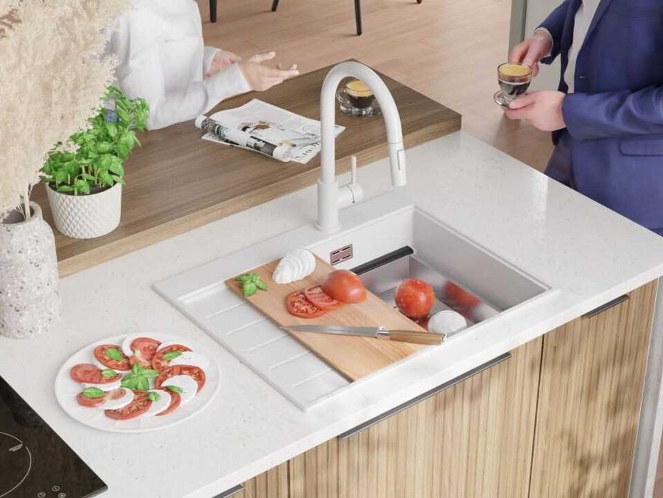 Бяла гранитна кухненска мивка Сидни 620-45 Ergo Multilevel 620х500
