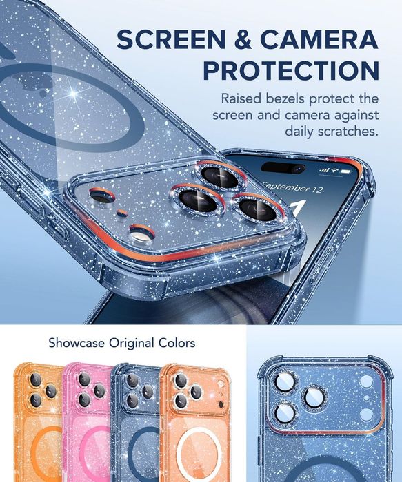 Husă iPhone 17 Pro Max MagSafe + Protecție Lentile – Albastru Sclipici