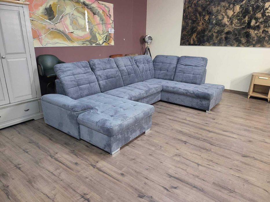 Сив П - образен ъглов диван от плат рипсено кадифе Nixon с функция сън