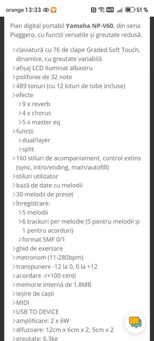 Pian digital Yamaha NP-V60