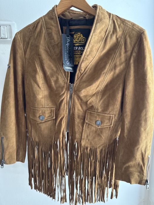 Geacă piele naturală întoarsă SUPERDRY Neonomad Fringe NOUĂ cu etichetă Mărimea S