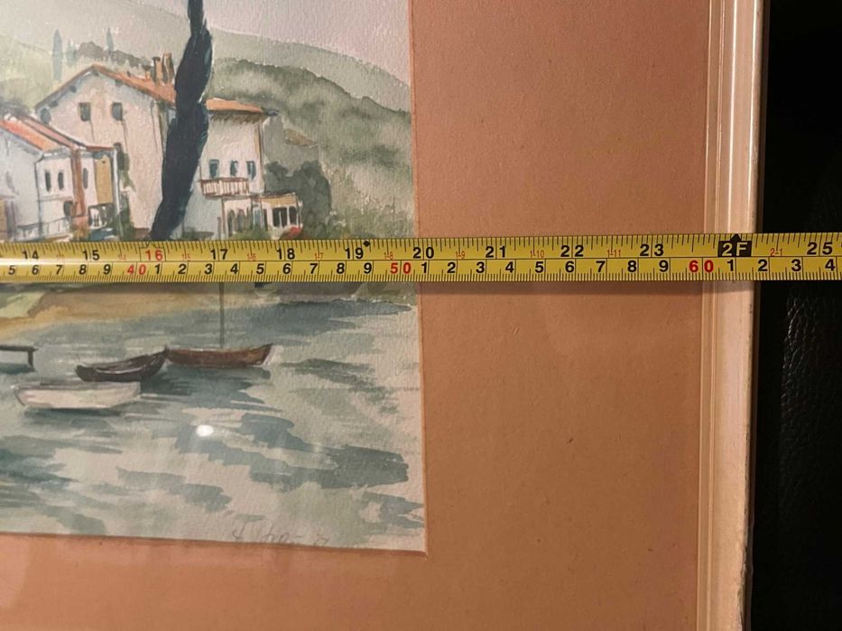 Tablou vechi original, acuarelă pe hârtie, peisaj cu bărci, an 1977, înrămat, semnat