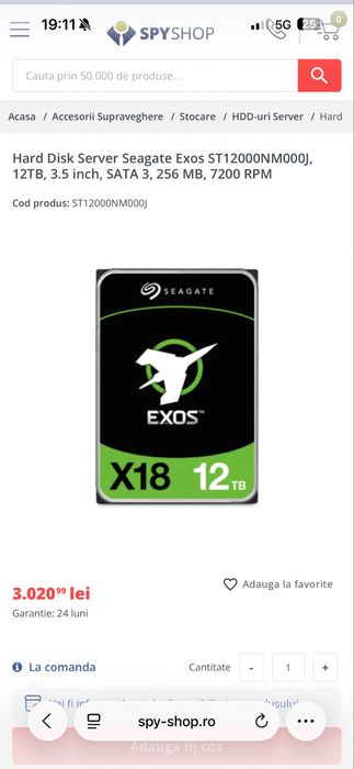Hard Disk Server Seagate Exos  12TB 3.5 inch, SATA 3, 256 MB, 7200 RPM / NOU