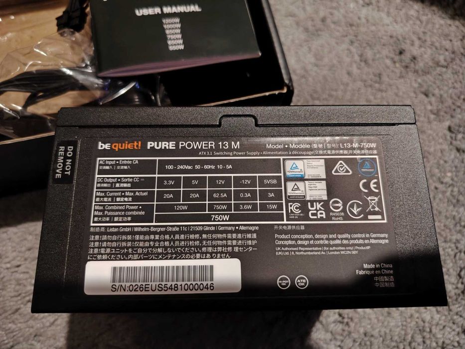 Захранване Pure Power 13 M, 750 W, Ефективност 80 Plus® Gold, Захранване Atx 3.1