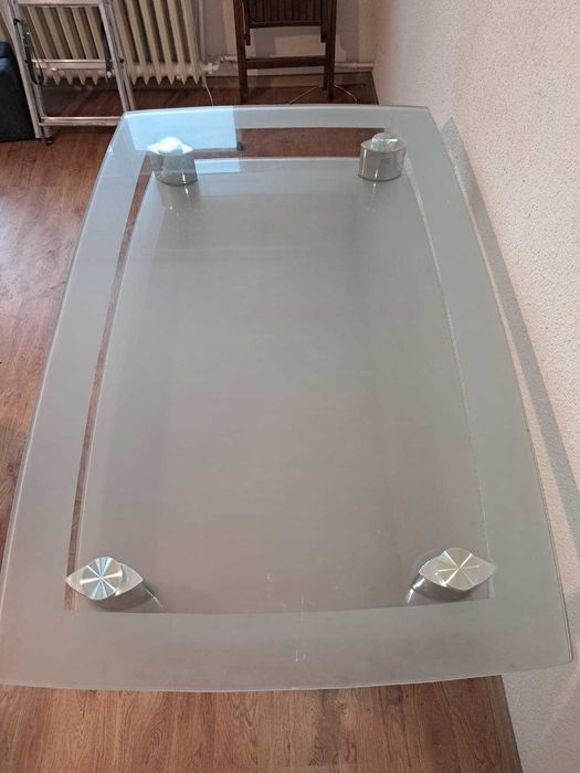 Masa din sticla cu picioare inox 140x90cm + 4 scaune
